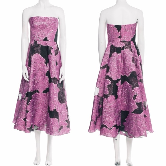 ML Monique Lhuillier Elle Metallic Strapless Jacquard A-Line Midi Cocktail Dress - Picture 14 of 15